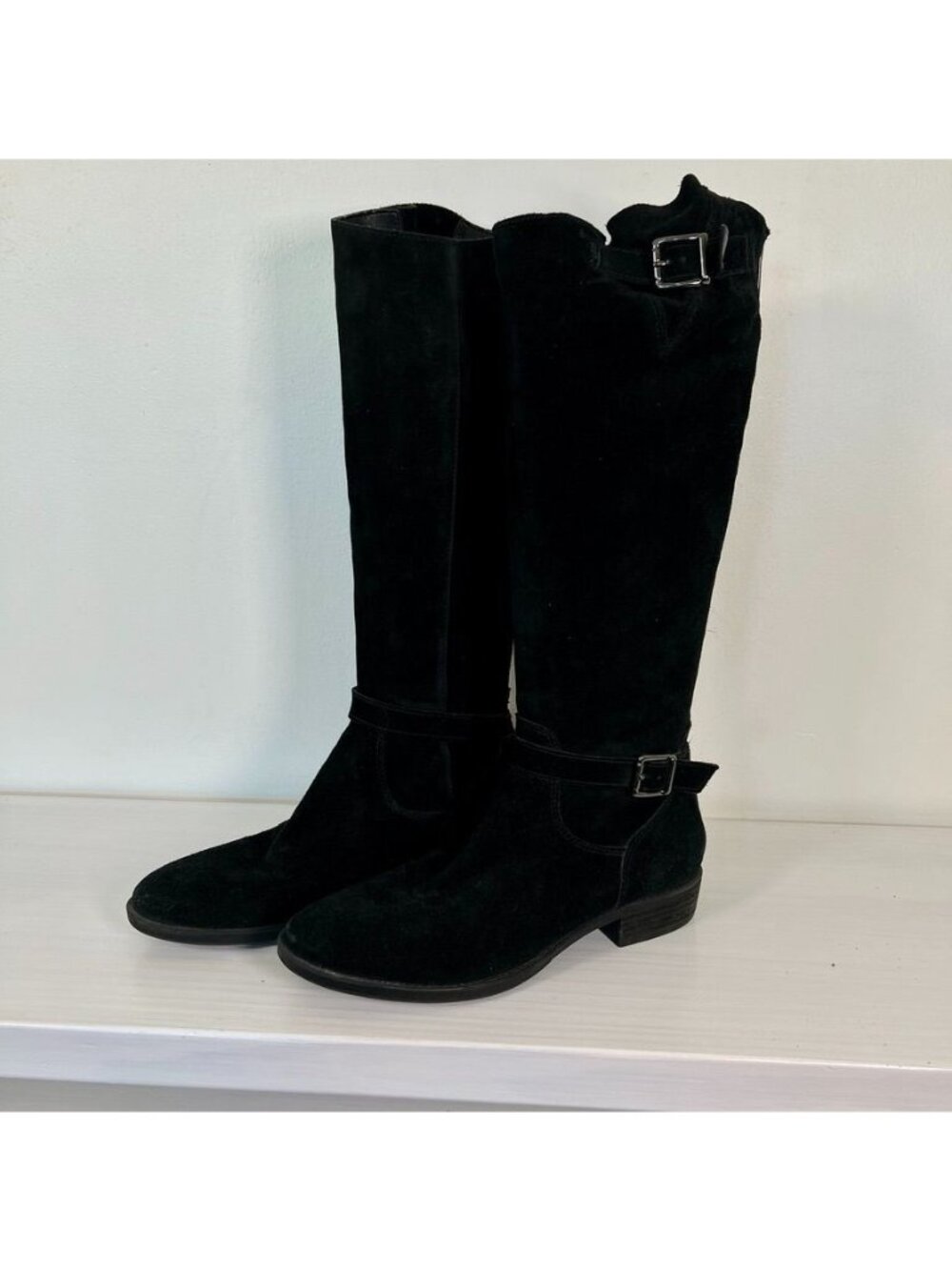 Sam Edelman Black Suede Knee High Riding Boots Buckle Equestrian Moto - Picture 2 of 14